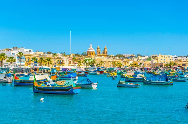 Kleurrijke Vissersboten Aanmeren Marsaxlokk Mout — Stockfoto