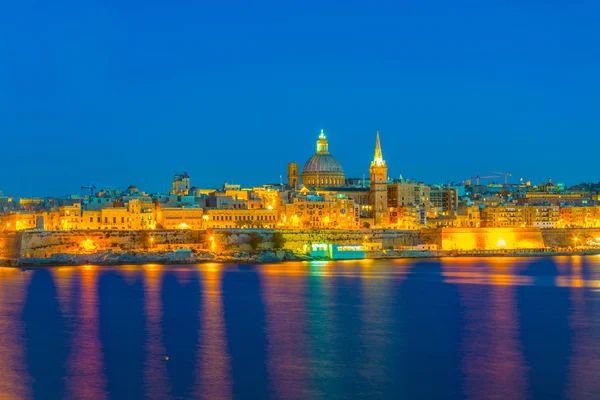 Skyline Van Valletta Tijdens Nacht Mout — Stockfoto