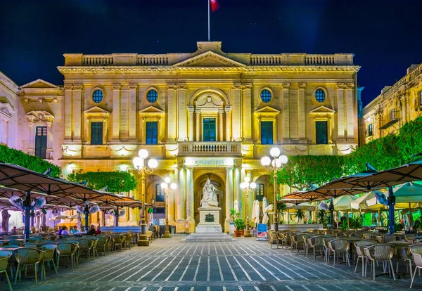 Night view of the national library in Valletta, Malt