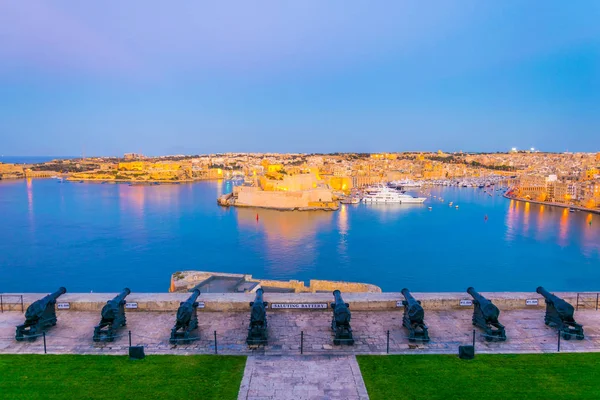 Night View Saluting Battery Facing Birgu Town Fort Angelo Senglea — Stock Photo, Image