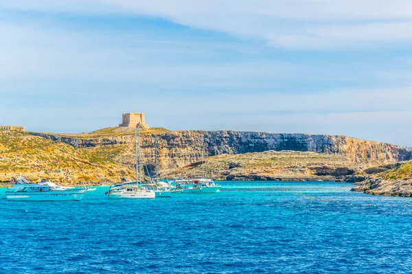 Comino Malta Maj 2017 Turistbåtar Förankring Nära Comino Island Malt — Stockfoto