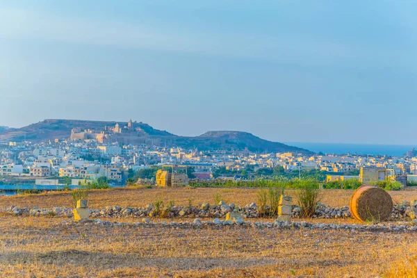 Platteland Gozo Met Victoria Stad Achtergrond Mout — Stockfoto