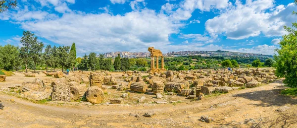 Vista Das Ruínas Templo Castore Polluce Vale Templos Perto Agrigento — Fotografia de Stock