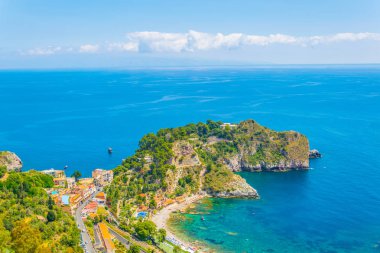 Isola Bella Taormina, Sicilya, Ital yakınındaki havadan görünümü
