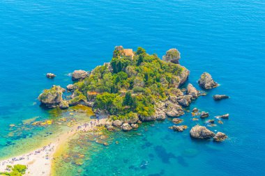 Isola Bella Taormina, Sicilya, Ital yakınındaki havadan görünümü