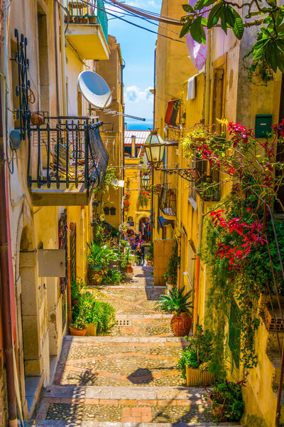 View of a narrow street in Taormina, Sicily, Ital