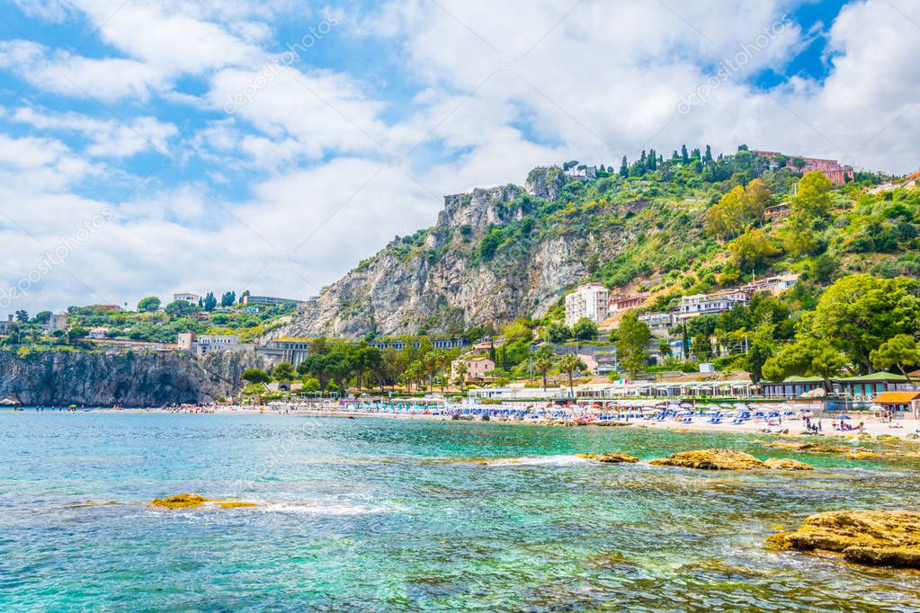 View of a beach near Isola Bella in Taormina, Sicily, Ital
