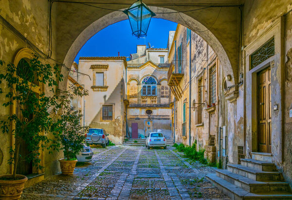 View of a narrow street in Noto, Sicily, Ital