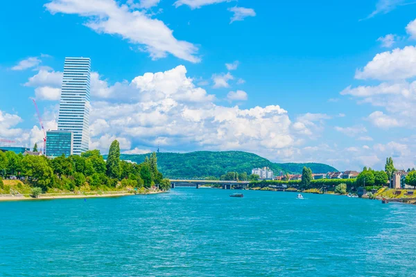 Riverside Rhine Dominated Roche Tower Switzerlan — Stock Photo, Image