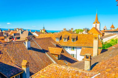 Murten tarihi merkezi Switzerlan havadan görünümü