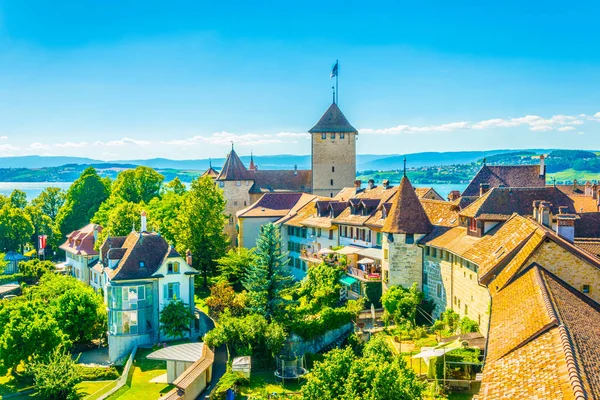 Flygfoto Befästning Kring Gamla Stan Murten Schweiz — Stockfoto