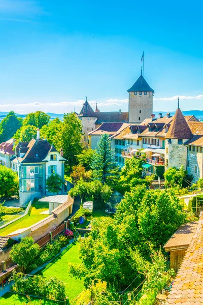 Murten Eski Şehir Switzerlan Çevreleyen Sur Havadan Görünümü — Stok fotoğraf