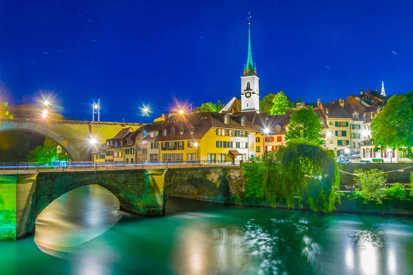 Night View Bern Dominated Protestant Church Switzerlan — Stock Photo, Image