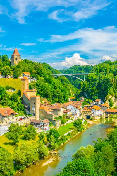 Valley Sarine River Pont Berne Covered Bridge Fribourg Switzerlan — Stock Photo, Image