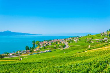 Bourg en Switzerlan Lavaux, Lutry ve Cenevre'de gölde havadan görünümü