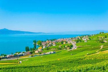 Bourg en Switzerlan Lavaux, Lutry ve Cenevre'de gölde havadan görünümü