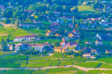 Küçük bir köy Switzerlan Geneva Gölü kıyısında Yayilim