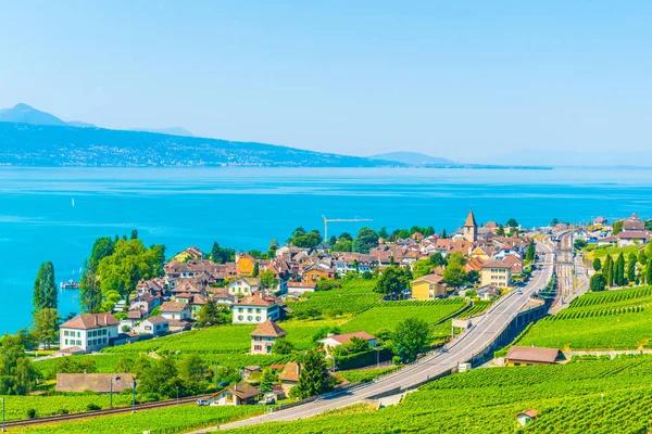 Vista Aérea Bourg Lavaux Lutry Lago Geneva Suizlán —  Fotos de Stock