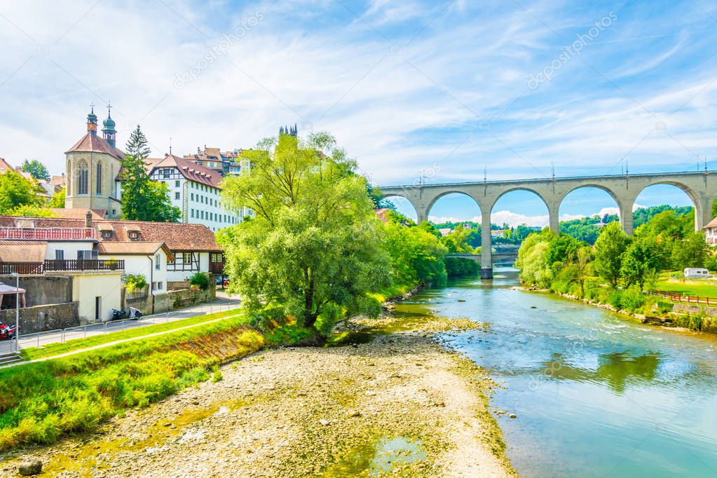Pont de Zaehringen standing over valley of river Sarine in Fribourg, Switzerlan