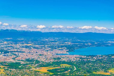 Havadan görünümü Cenevre ve Geneva Gölü'nden Mont Saleve, Switzerlan
