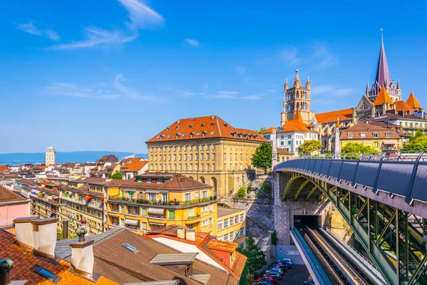 Catedral Gótica Lausanne Atrás Ponte Charles Bessieres Switzerlan — Fotografia de Stock