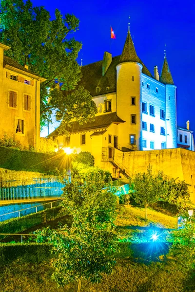 Vista Nocturna White Chateau Nyon Suiza —  Fotos de Stock