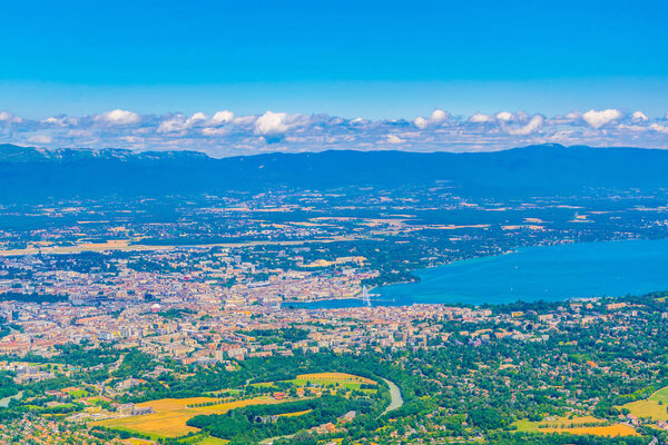 Aerial view of Geneva and Geneva lake from Mont Saleve, Switzerlan