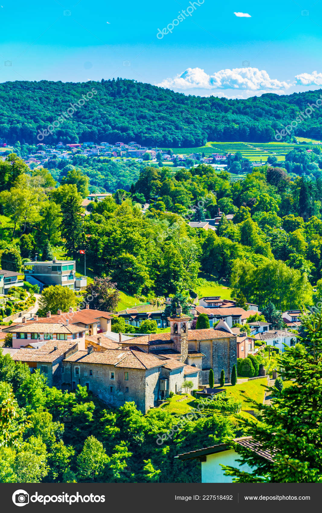 Aerial View Church San Sisinio Mendrisio Switzerlan Stock Photo by
