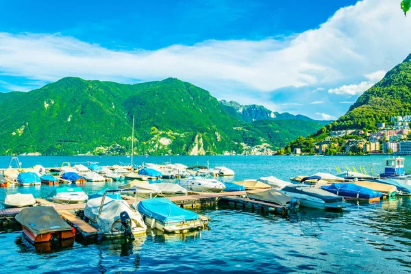 Marina Lugano Avec San Salvatore Montagne Sur Fond Suisses — Photo