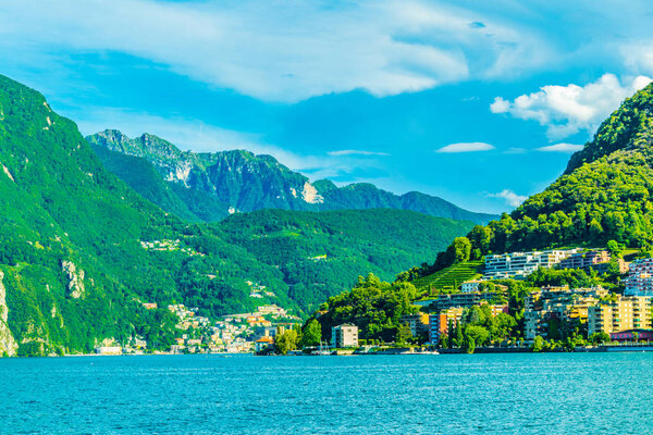 View of a small village situated on Lugano lake, Switzerlan