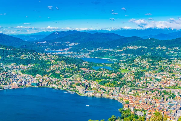 Vista Aérea Del Lago Lugano Lugano Desde Monte Bre Suizlán — Foto de Stock
