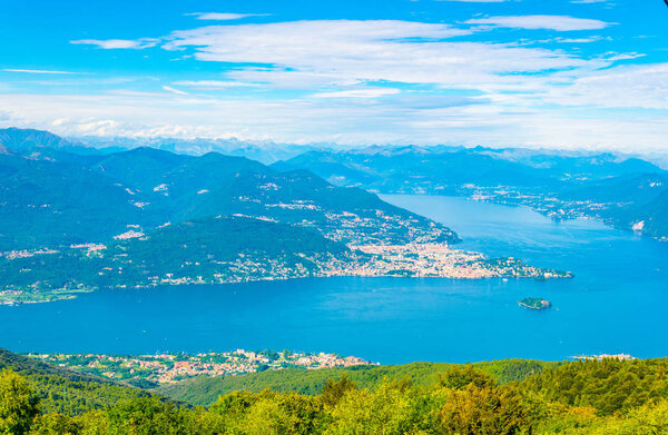 Aerial view of Lago Maggiore from Mottarone mountain in Ital