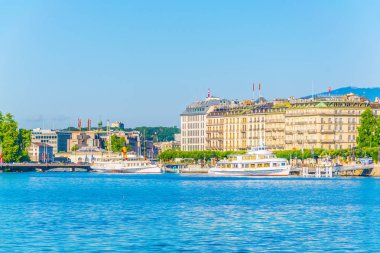 Cenevre, İsviçre, 20 Temmuz 2017: Geneva Gölü/Lac Leman Switzerlan arkasında görüntülendi Cenevre Cityscape