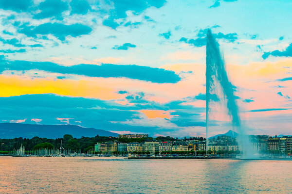 GENEVA, SWITZERLAND, JULY 20, 2017:  Sunset view of the Jet d'eau fountain in the swiss city Genev