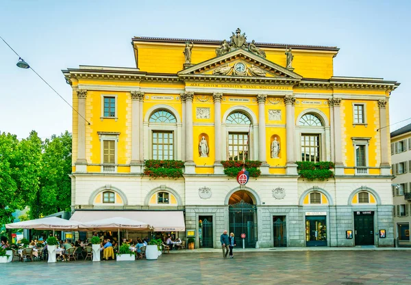 Lugano Switzerland July 2017 People Sitting Restaurant Front Town Hall — Stock Photo, Image