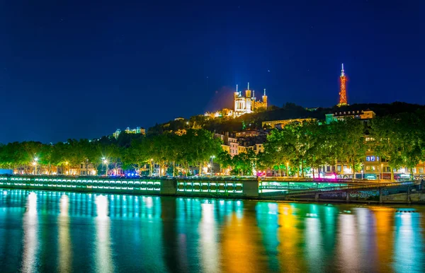 Basílica Iluminada Notre Dame Fourviere Vista Atrás Rio Saone Lyon — Fotografia de Stock