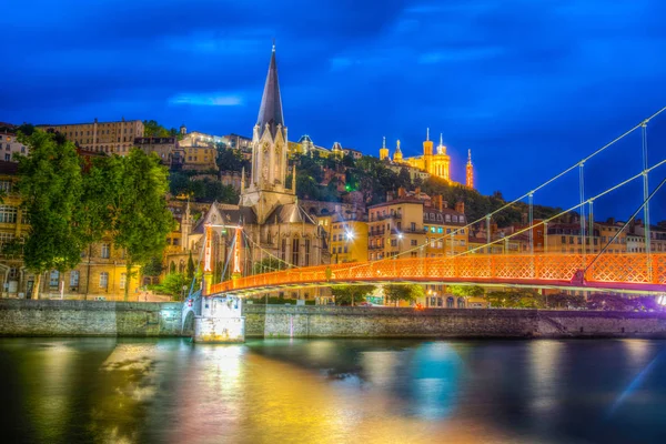 Vista Noturna Basílica Iluminada Notre Dame Fourivere Igreja Saint Georges — Fotografia de Stock