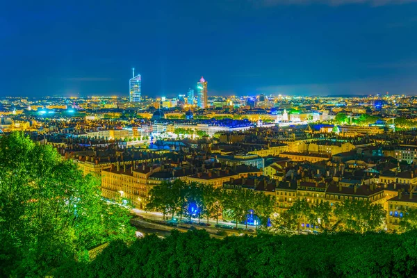 Night Aerial View Lyon Dominated Part Dieu Commercial Center Franc — Stock Photo, Image