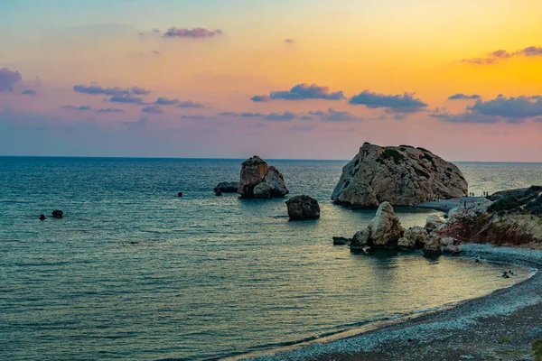 Solnedgång Utsikt Över Petra Tou Romiou Tyvärr Aphordite Rock Cypern — Stockfoto