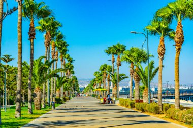 Limasol, Kıbrıs, 16 Ağustos 2017: İnsanlar Molos gezinti yerinde Limassol, Cypru üzerinde geziniyor