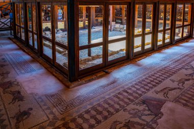 Paphos, Kıbrıs, 18 Ağustos 2017: Mozaik Paphos arkeolojik Park Cypru üzerinde