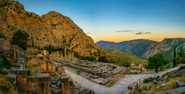 Coucher Soleil Sur Les Ruines Temple Apollon Delphes Greec — Photo