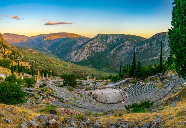 Coucher Soleil Sur Les Ruines Théâtre Delphes Greec — Photo