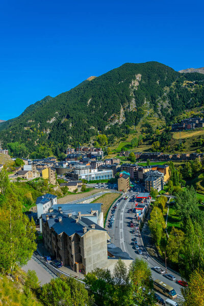 Canillo town nested in the valley of river Valira at Andorr