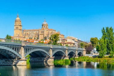 Köprü enrique esteven nehrinde Tormes, Spai arkasında yansıyan Salamanca Katedrali'nde görüntülendi