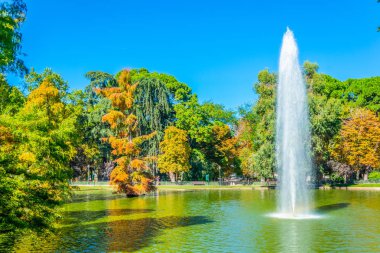 Çeşme önünde crystal palace Parque del Buen Retiro Madrid, Spai adlı bir havuzda