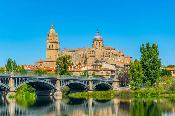 Catedral Salamanca Reflejada Tras Puente Enrique Esteven Sobre Río Tormes — Foto de Stock