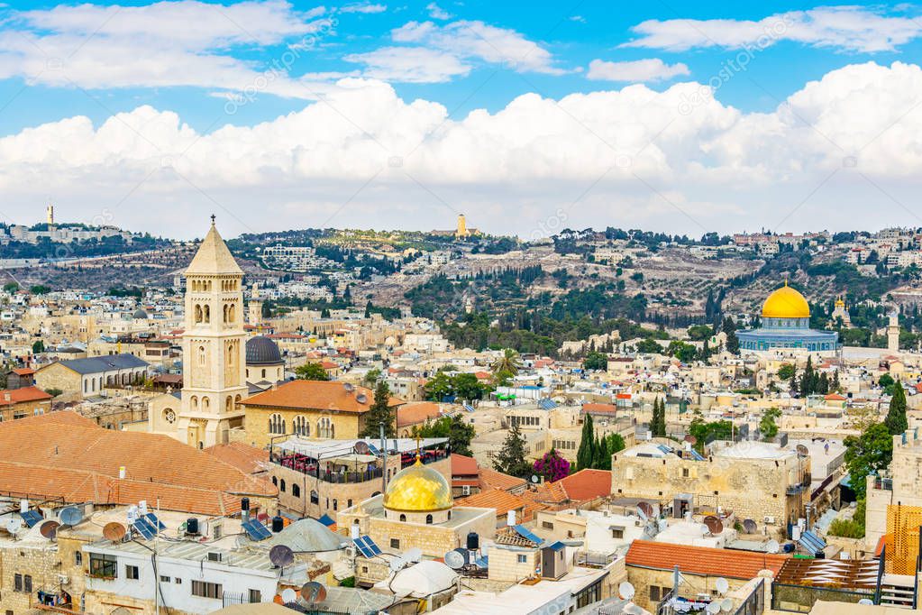 Cityspace of Jerusalem with dome of the rock and church of the r