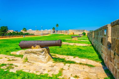 Old cannons situated on top of fortification of israeli town Akk clipart