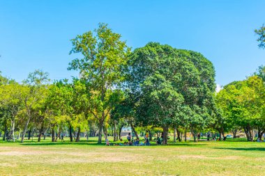 Tel Aviv, İsrail, 10 Eylül 2018: İnsanlar bir sunn tadını çıkarıyor